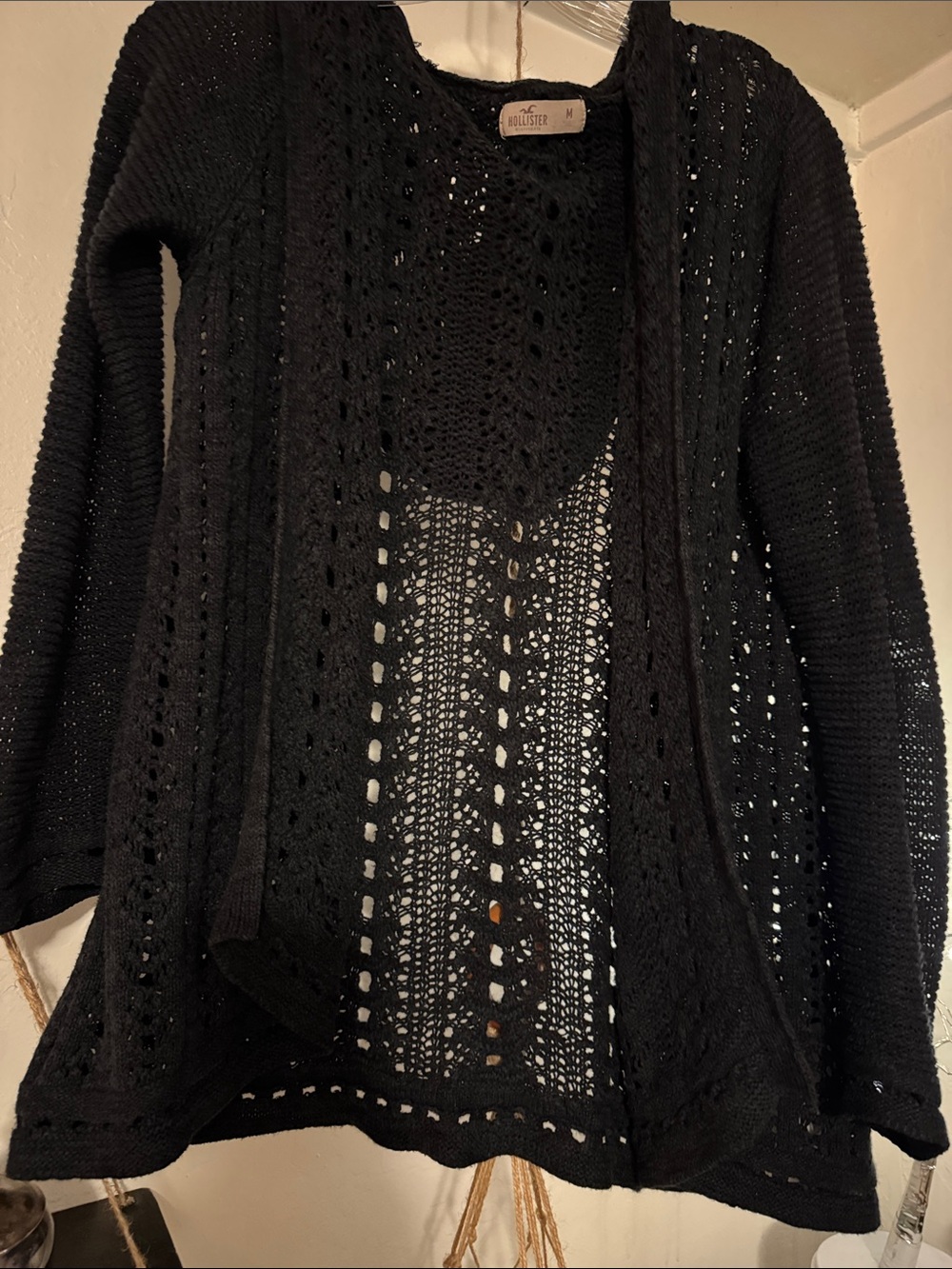 Hollister Black hooded Open-Front Crochet Knit Cardigan